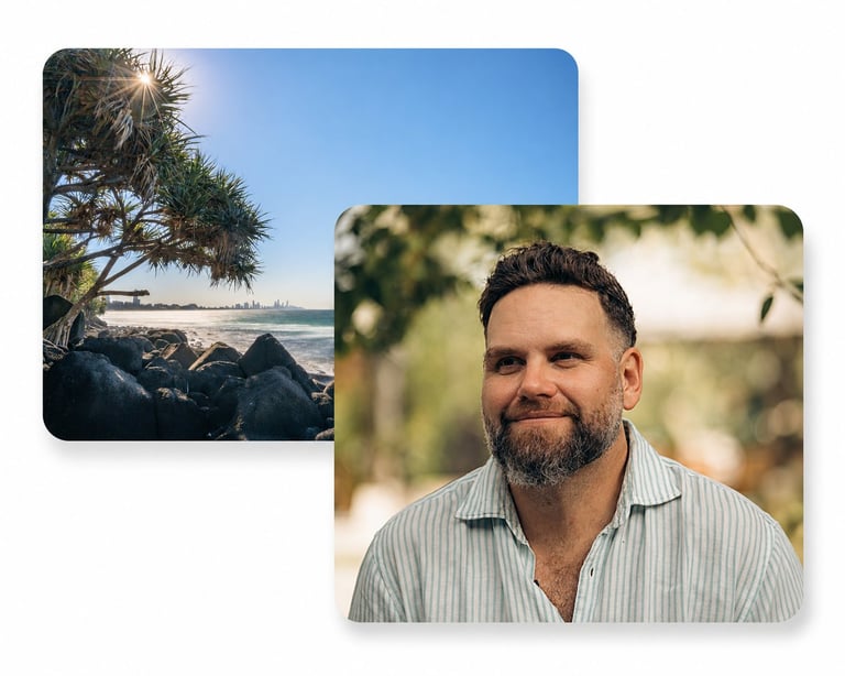 Man wearing light striped shirt smiling at camera with nature background, paired with coastal landscape photo featuring palm tree and cityscape
